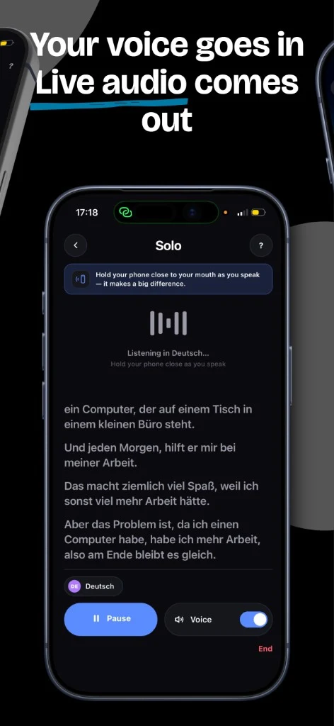 Saylo Solo auf dem iPhone mit laufendem deutschem Übersetzungstext